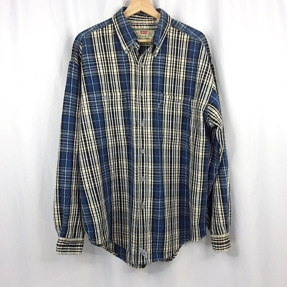 VTG 90s Men's Levi's Plaid Shirt Size Large Blue Black Long Sleeve Button Down